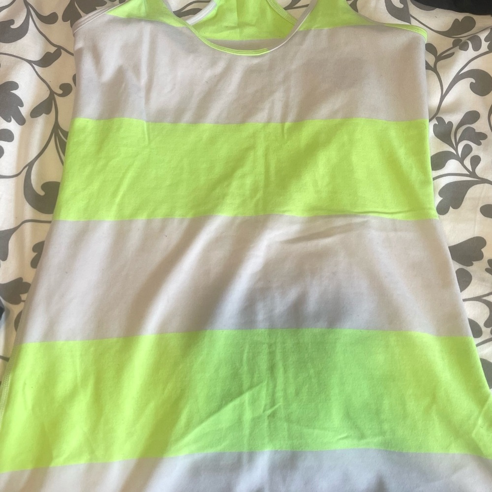 Green and White Striped Tank Top with Ribbed Crew Neck